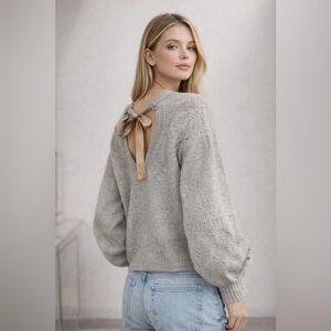 Odd Molly 100% Cashmere Gray Sweater Silk Tie Back Bow Balloon Sleeve Luxury M/L